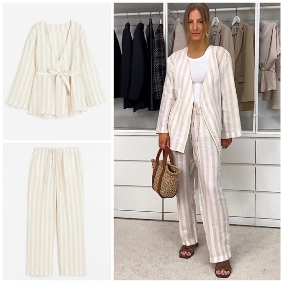 H&M Co-Ord 100% Linen Striped Set Pants Top New - Picture 1 of 7